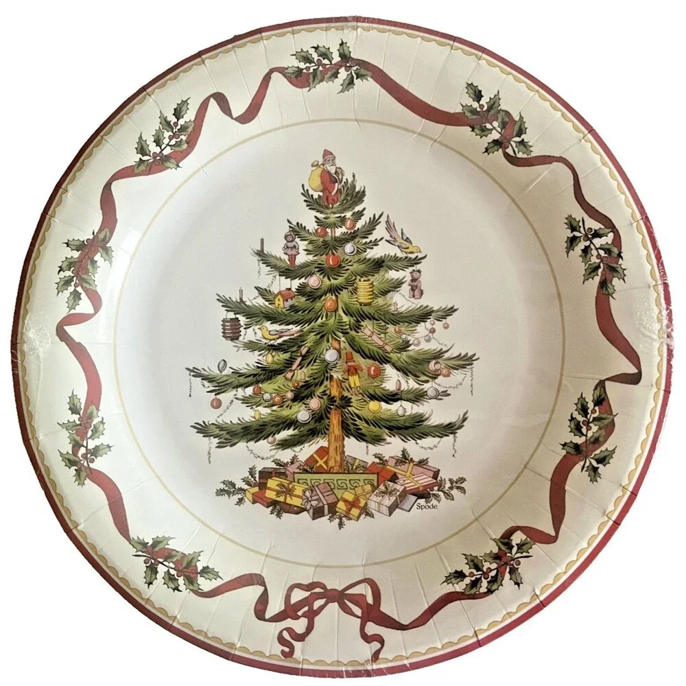 Spode Christmas Tree Holly & Ribbon 16 Dinner & 16 Dessert Coated Paper Plates
